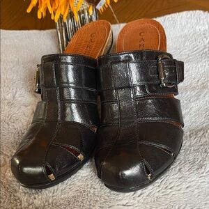 Caressa Leather Black Buckle Slip-On Mules
